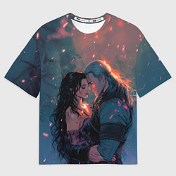 Футболка оверсайз женская Йеннифэр и Геральт и розовые лепестки, цвет: 3D-принт