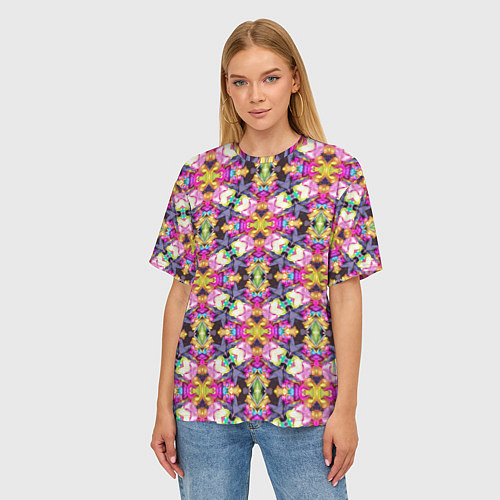 Женская футболка оверсайз Разноцветные узорчатые ромбы / 3D-принт – фото 3
