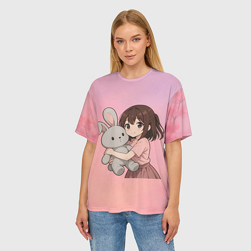 Женская футболка оверсайз Девочка обнимает зайцика в аниме / 3D-принт – фото 3