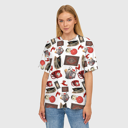 Женская футболка оверсайз Неваляшка утюг ретро авоська петушок телефон / 3D-принт – фото 3