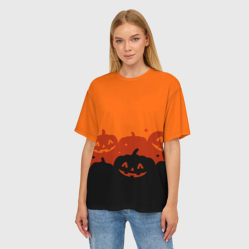 Женская футболка оверсайз Хэллоуин счастливые тыквы / 3D-принт – фото 3