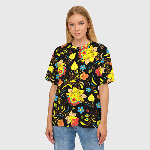 Женская футболка оверсайз Хохлома узор / 3D-принт – фото 3
