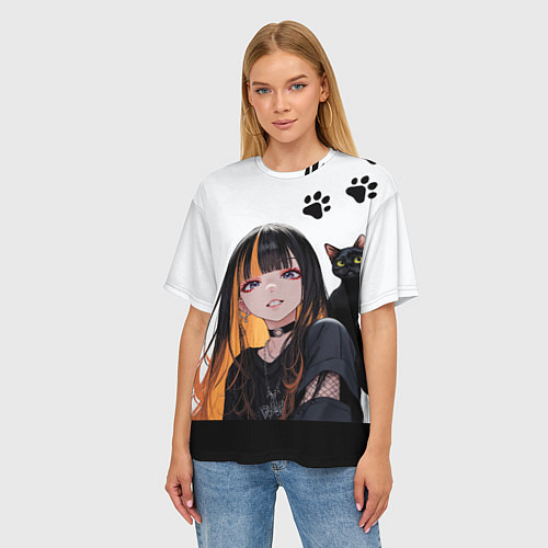 Женская футболка оверсайз Девушка и кот / 3D-принт – фото 3