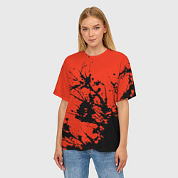 Футболка оверсайз женская Взрыв чёрной краски на красно-оранжевом, цвет: 3D-принт — фото 2