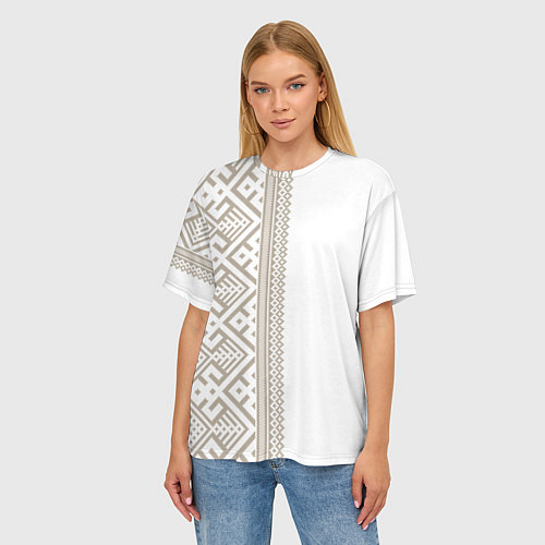 Женская футболка оверсайз Узоры славянские в бежевом цвете / 3D-принт – фото 3