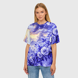 Футболка оверсайз женская Сине-сиреневый цветы на фоне облаков, цвет: 3D-принт — фото 2