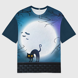 Женская футболка оверсайз Полнолуние и черный кот - жуткий Хэллоуин