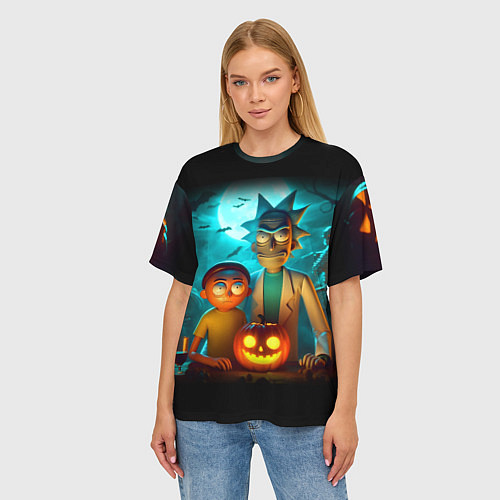 Женская футболка оверсайз Morty and Rick with pumpkin - neon halloween / 3D-принт – фото 3