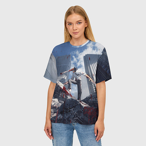 Женская футболка оверсайз Denji in city Chainsaw man / 3D-принт – фото 3