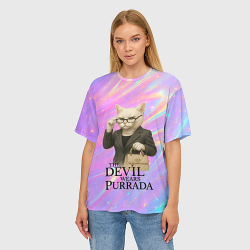 Женская футболка оверсайз Дьявол носит Пурада пародия с белой кошкой / 3D-принт – фото 3