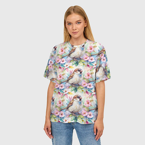 Женская футболка оверсайз Воробей в ярких цветах паттерн / 3D-принт – фото 3