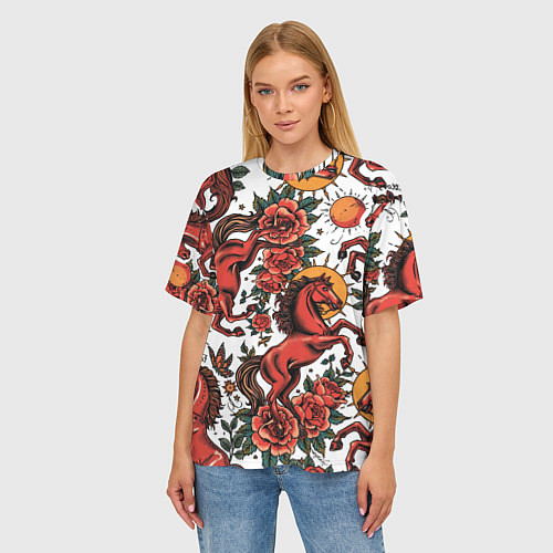 Женская футболка оверсайз Красный конь в стиле татуировки / 3D-принт – фото 3