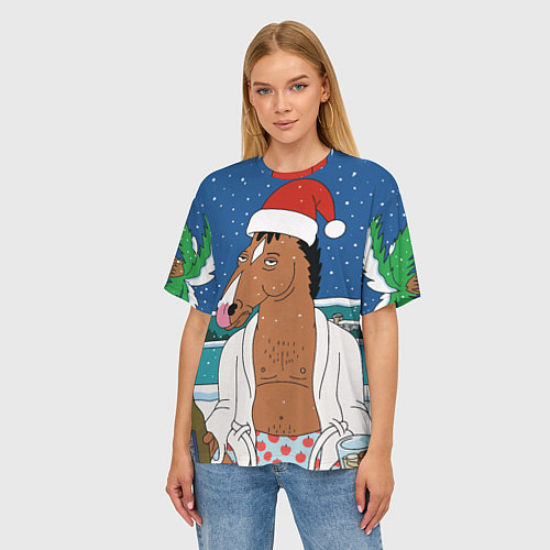 Женская футболка оверсайз Новогодний Конь Боджек / 3D-принт – фото 3