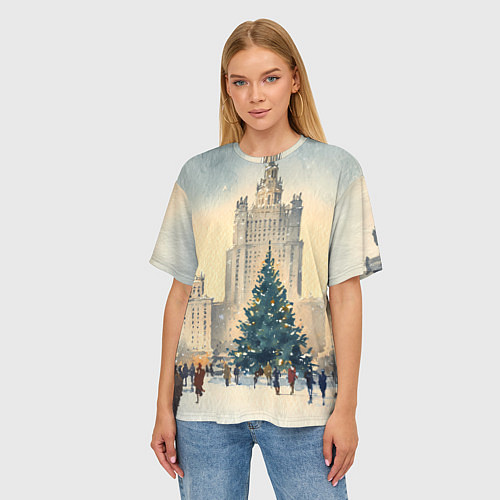 Женская футболка оверсайз Москва новогодняя елка / 3D-принт – фото 3