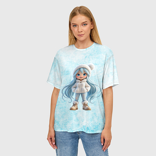 Женская футболка оверсайз Девочка-зима с синими волосами / 3D-принт – фото 3