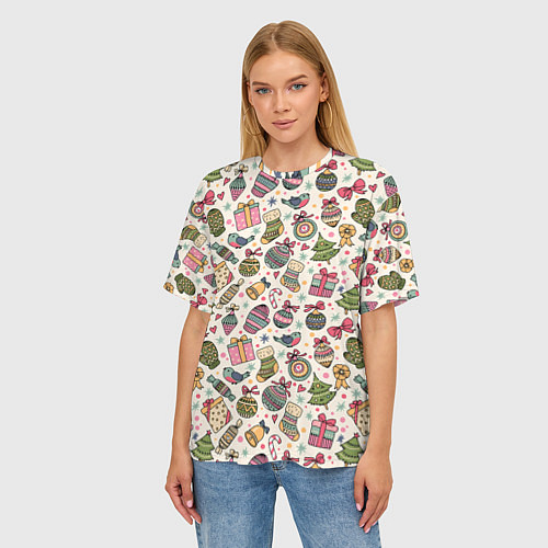 Женская футболка оверсайз Новогодний паттерн / 3D-принт – фото 3