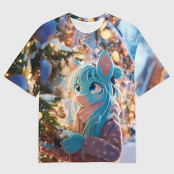 Футболка оверсайз женская Синяя новогодняя лошадка, цвет: 3D-принт