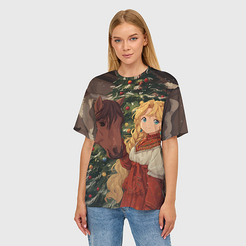 Женская футболка оверсайз Аниме девочка с лошадкой встречают Новый год / 3D-принт – фото 3