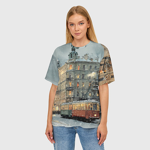 Женская футболка оверсайз Трамваи в зимнем Санкт-Петербурге / 3D-принт – фото 3