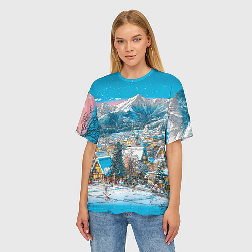 Женская футболка оверсайз Новогодняя деревушка в горах / 3D-принт – фото 3
