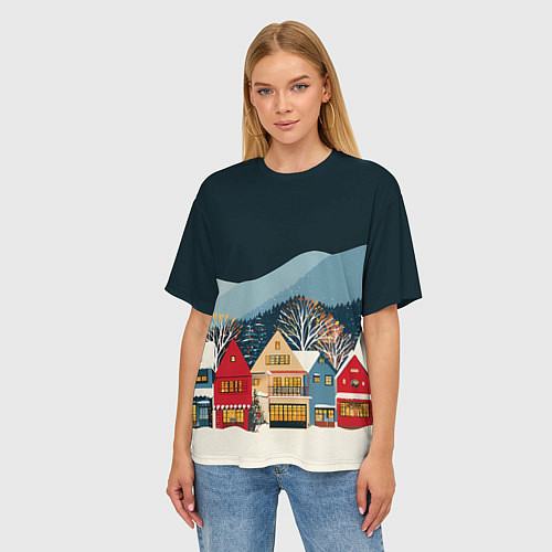 Женская футболка оверсайз Новогодний городок в горах / 3D-принт – фото 3