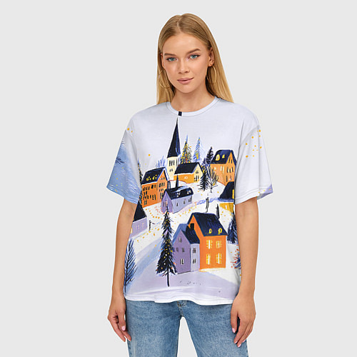 Женская футболка оверсайз Новогодние домики на горе / 3D-принт – фото 3