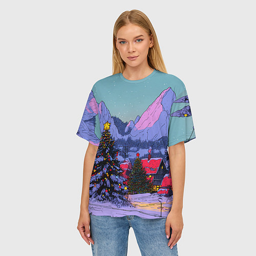 Женская футболка оверсайз Новогодние елки в горном городке / 3D-принт – фото 3