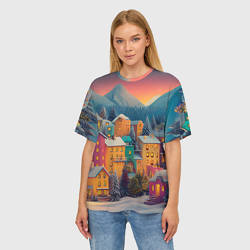 Женская футболка оверсайз Новогодний город в горах / 3D-принт – фото 3