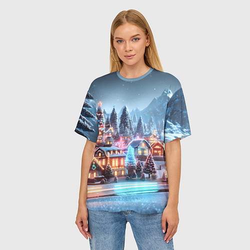 Женская футболка оверсайз Городок в новогодних огоньках / 3D-принт – фото 3