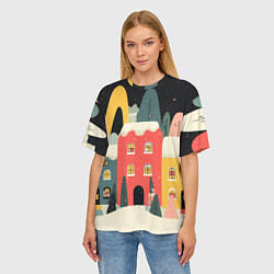Футболка оверсайз женская Разноцветные новогодние дома, цвет: 3D-принт — фото 2