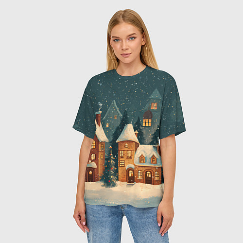 Женская футболка оверсайз Сказочный Новогодний городок / 3D-принт – фото 3