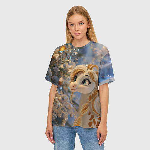 Женская футболка оверсайз Новогодняя лошадка в крапинку / 3D-принт – фото 3