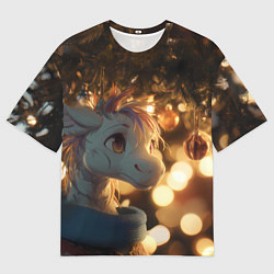 Футболка оверсайз женская Лошадка под новогодней елкой, цвет: 3D-принт