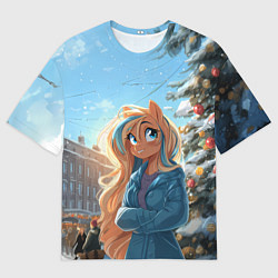 Женская футболка оверсайз Лошадка на новогодней площади