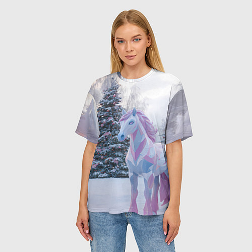 Женская футболка оверсайз Геометрическая новогодняя лошадка / 3D-принт – фото 3