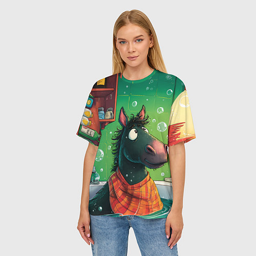 Женская футболка оверсайз Лошадь моется в ванной / 3D-принт – фото 3