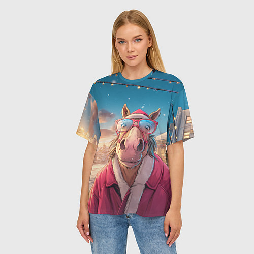 Женская футболка оверсайз Удивленная лошадь в очках / 3D-принт – фото 3