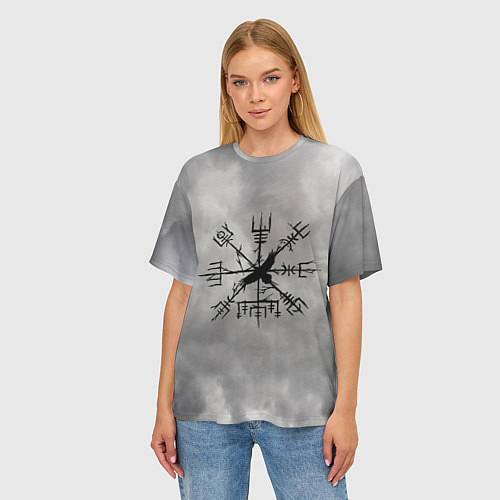 Женская футболка оверсайз Мистический ворон в руническом компасе вегвизир / 3D-принт – фото 3