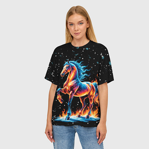 Женская футболка оверсайз Лошадь на снегу / 3D-принт – фото 3