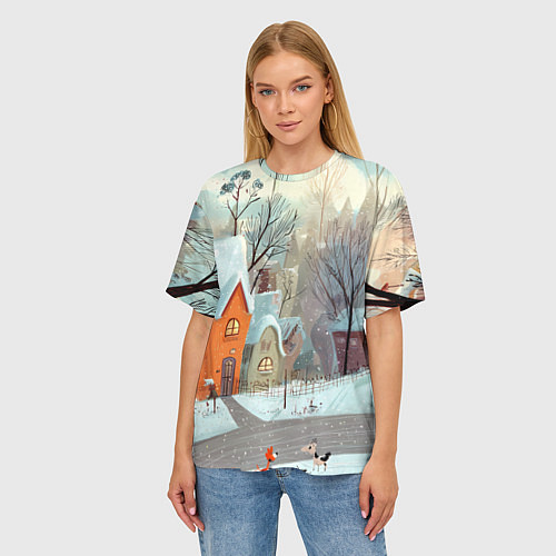Женская футболка оверсайз Милый новогодний дворик / 3D-принт – фото 3
