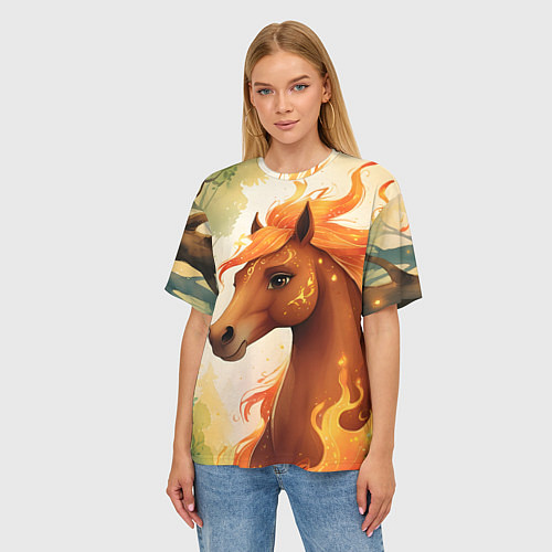 Женская футболка оверсайз Милая огненная лошадь / 3D-принт – фото 3