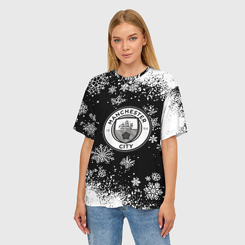 Женская футболка оверсайз Манчестер сити снежинки новый год / 3D-принт – фото 3