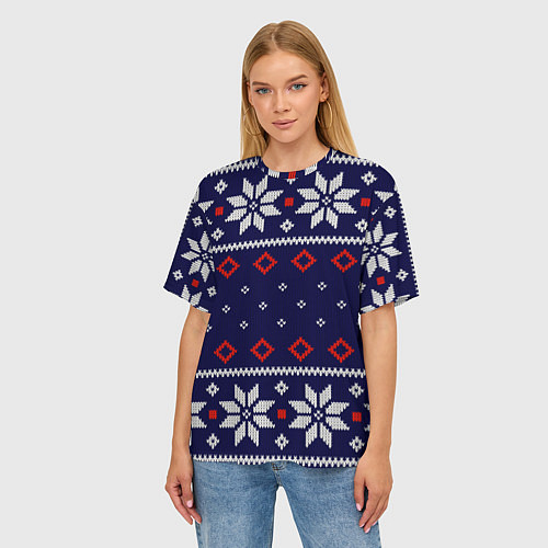 Женская футболка оверсайз Вязаный новогодний узор / 3D-принт – фото 3