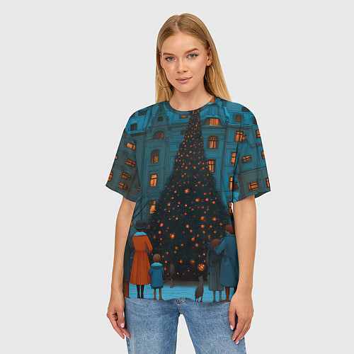 Женская футболка оверсайз Люди встречают новый год во дворе / 3D-принт – фото 3