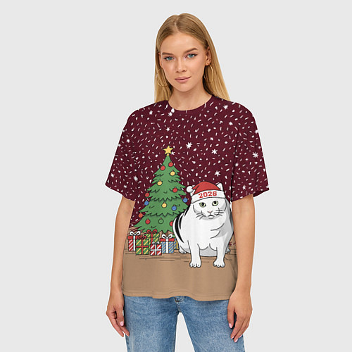 Женская футболка оверсайз Кот Бендер и ёлка / 3D-принт – фото 3