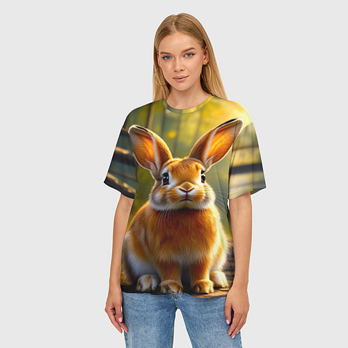Женская футболка оверсайз Зайчик в лесу / 3D-принт – фото 3