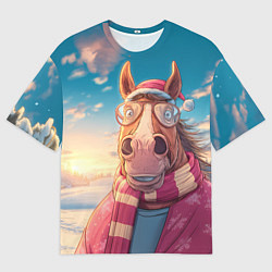 Футболка оверсайз женская Новогодняя лошадь в очках, цвет: 3D-принт