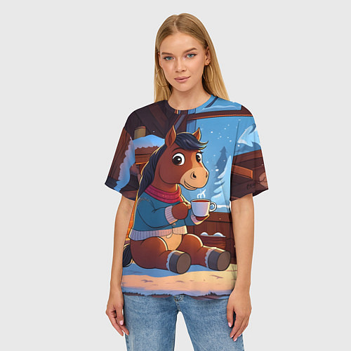 Женская футболка оверсайз Лошадка у камина / 3D-принт – фото 3