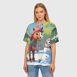 Футболка оверсайз женская Лошадка и снеговик, цвет: 3D-принт — фото 2