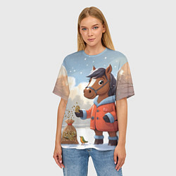 Футболка оверсайз женская Лошадка на зимней прогулке, цвет: 3D-принт — фото 2